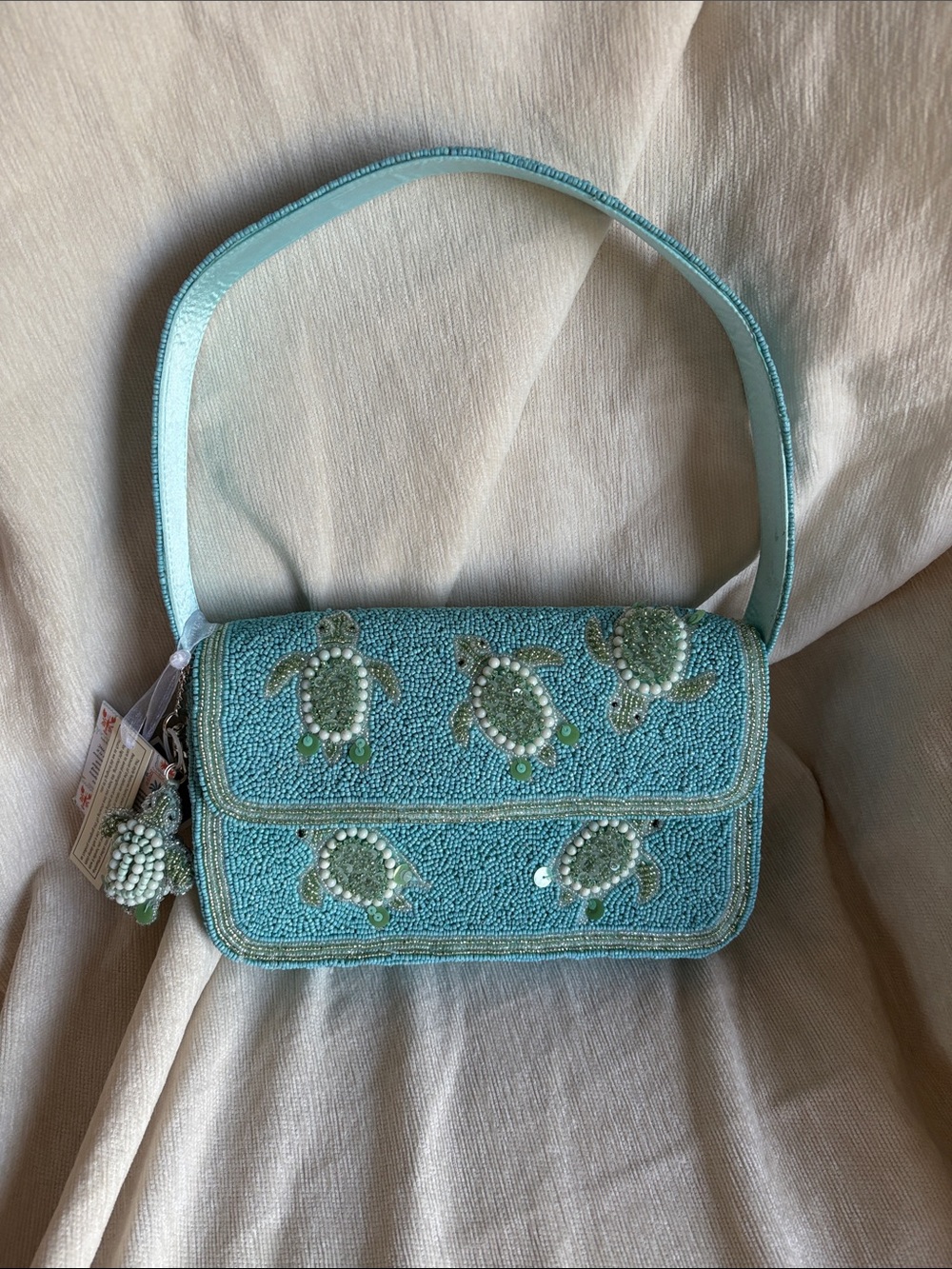 Beaded Turtle Appliqué Shoulder Bag - Turquoise